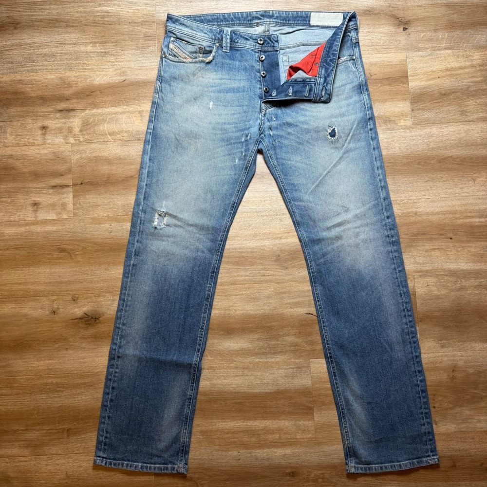 Diesel Larkee Jeans Mens 34x32 Blue Straight Leg Stretch Denim Distressed 084DC
